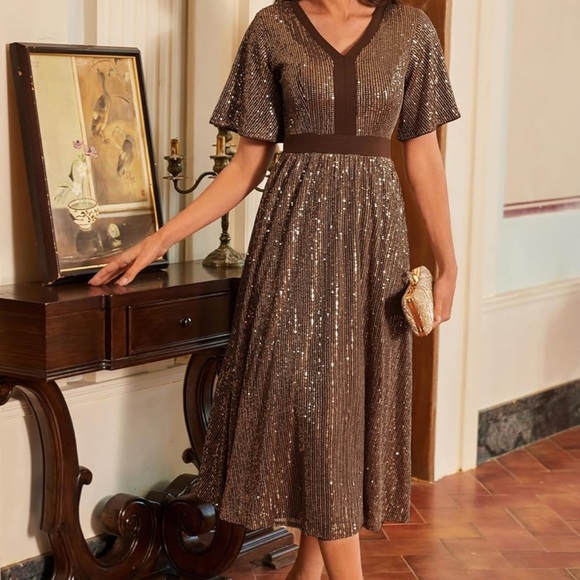 Grace Karin Brown Sequin Midi Dress - Picture 1 of 3